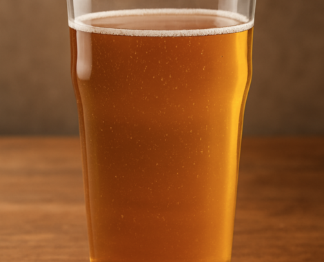 Ein Glas goldenes Bier mit keiner Schaumkrone auf einem Holztisch.