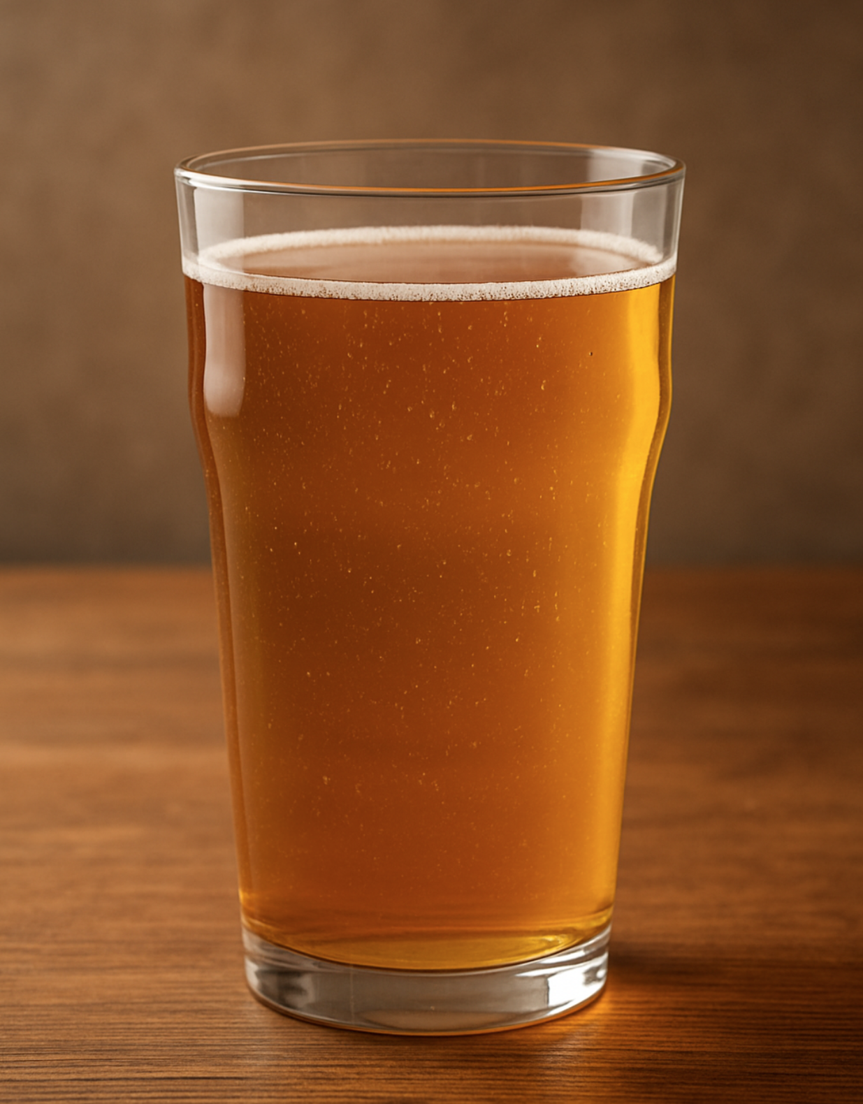 Ein Glas goldenes Bier mit keiner Schaumkrone auf einem Holztisch.